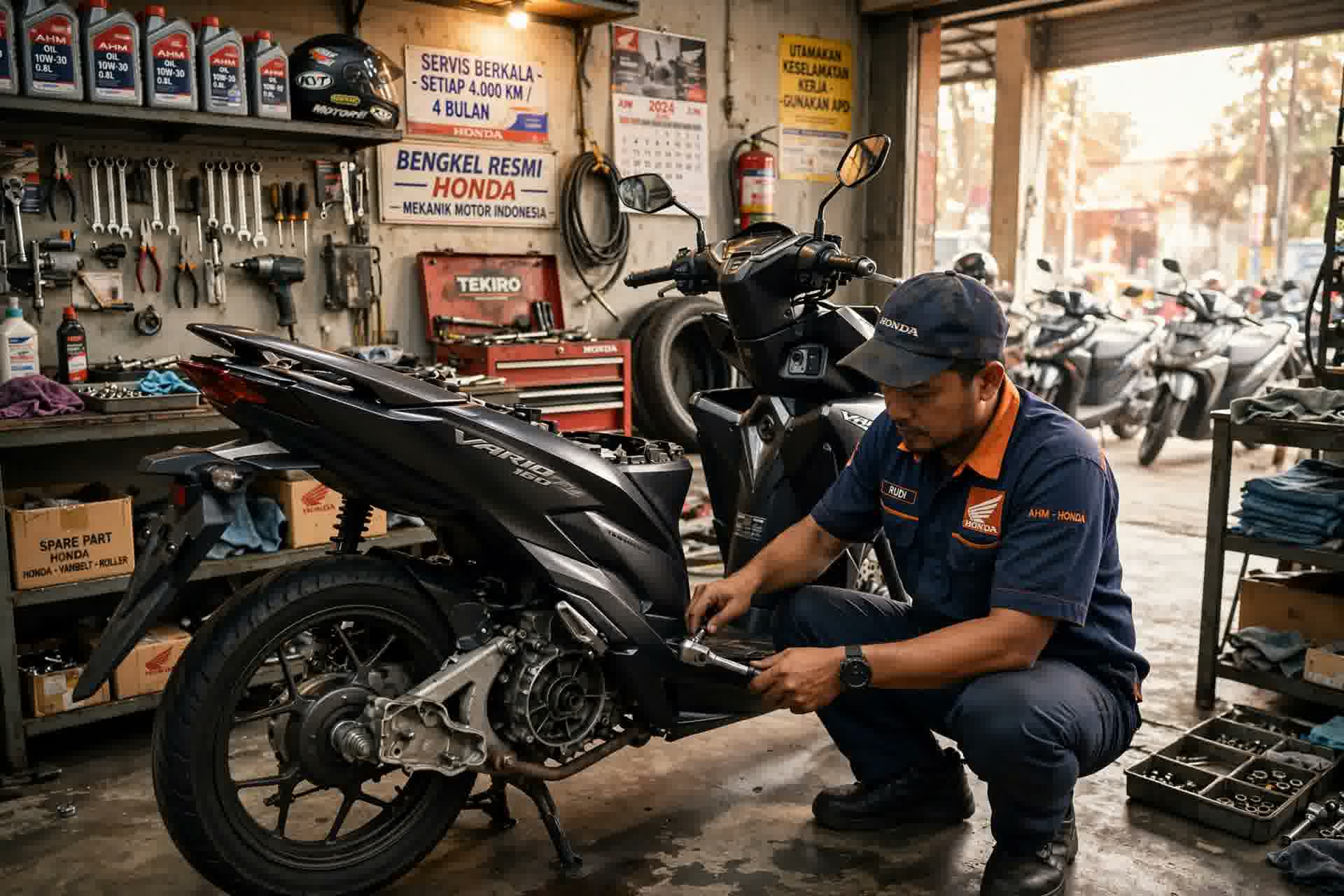 Mekanik Bengkel Berkah Motor sedang memperbaiki motor